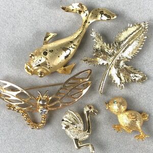 Vintage Gold Tone Animal Brooch Set Ostrich Chick Dragonfly Koi Fish Rhinestone